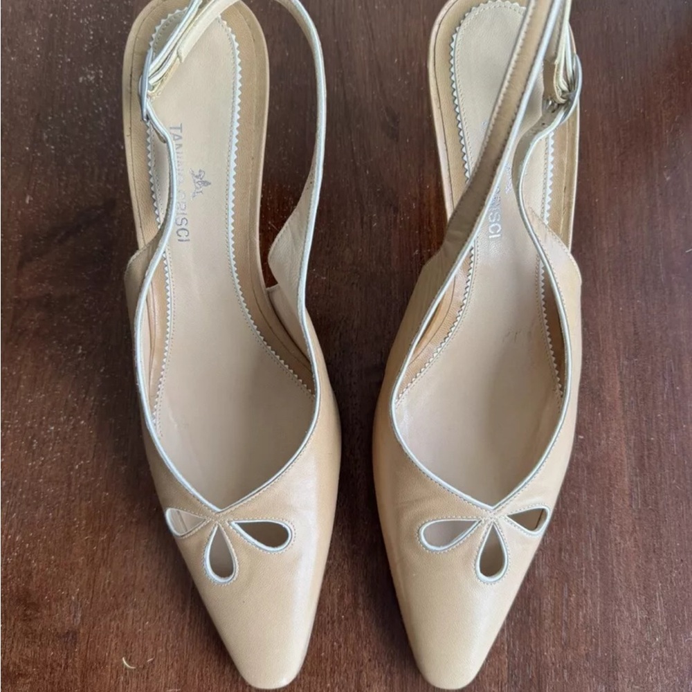 Handmade in Italy Slingback Cream Heels with Pointed Toe and Cutout Detail